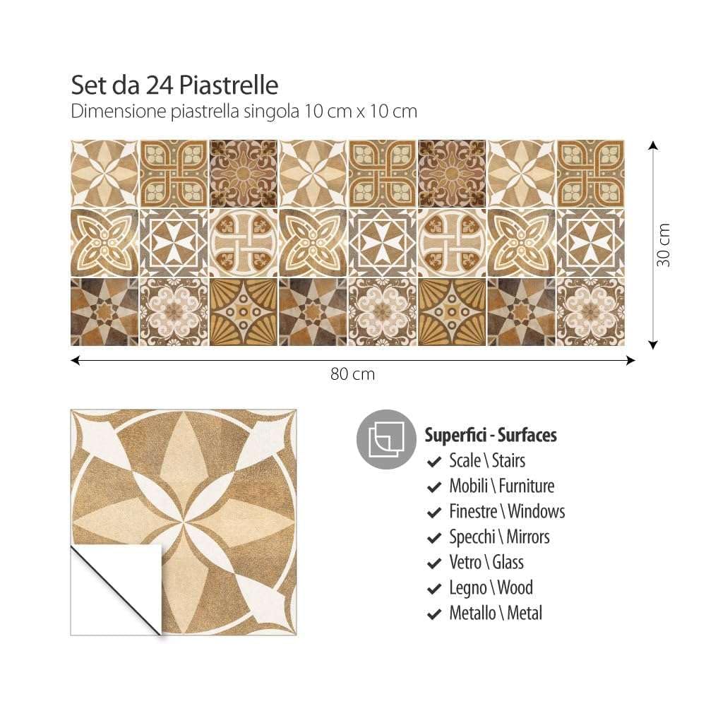 RE-COVERTILES - Adesivi per Piastrelle Bagno e Cucina 24 Pz 10x10 cm - PS00146 Decorazione murale in PVC impermeabile mattonelle mosaico stile cementine Azulejos
