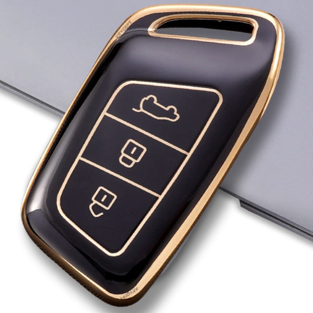 Keycept™ Gold Line key cover for MG Hector | MG Hector Plus | Windsor EV premium accessory for 3 button Smart Key with Keychain. (Type 1, Black)