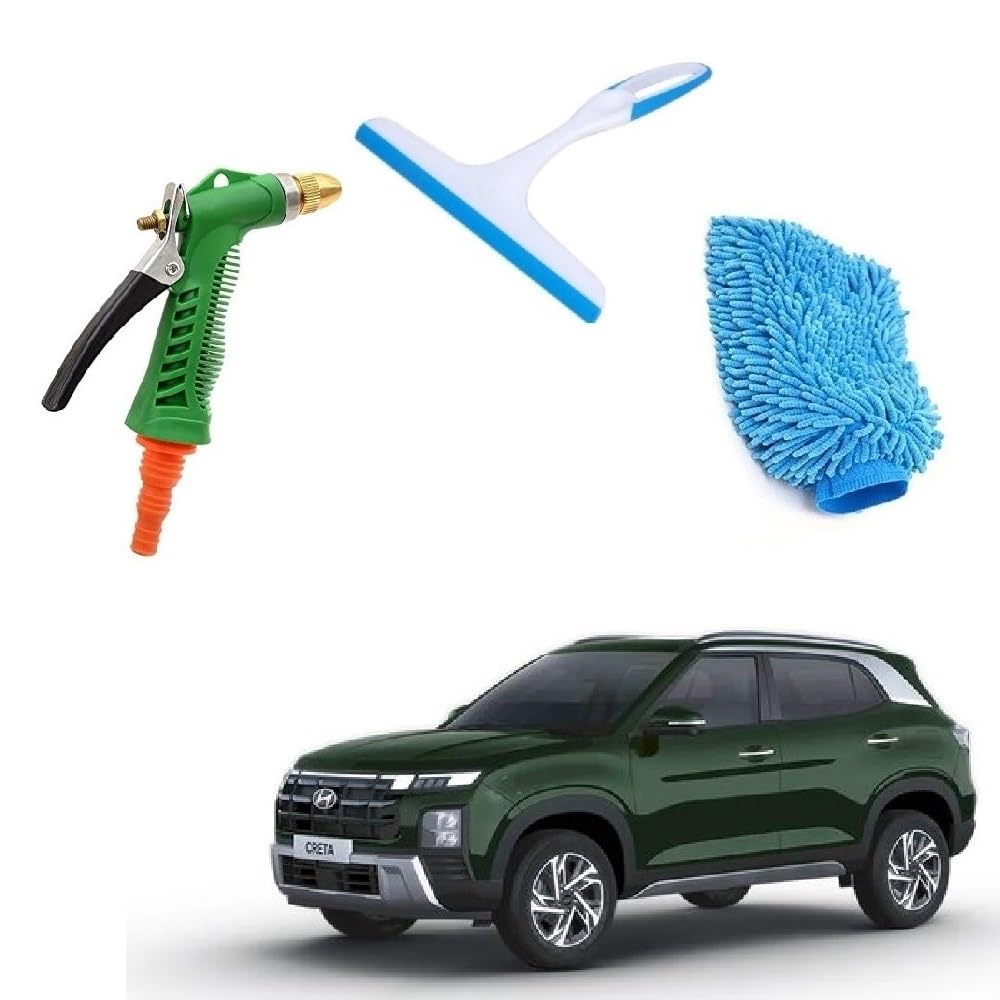 Combo of 3 Car Washing Water Spray Shower with Microfiber Cloth Glove & Glass Cleaning mini Wiper Universal Random Colour Suitable for Creta 2024-image-44