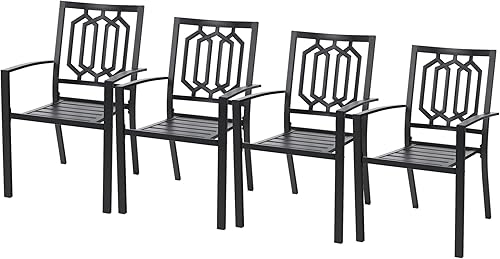 PHI VILLA Juego de 4 sillas de comedor de metal para exteriores, sillas apilables de color negro, capacidad de 300 libras (geometría)