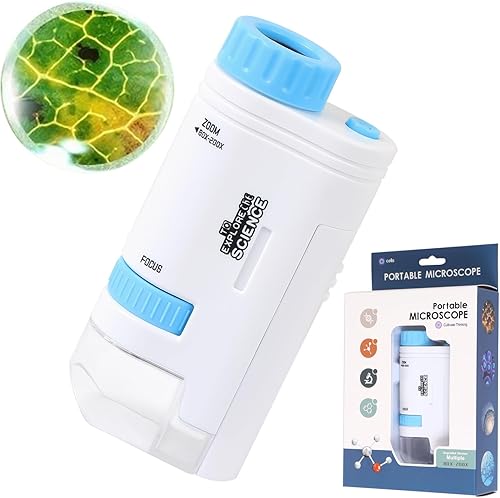 Aunifun Microscopio de bolsillo de mano Miniscopio 80X-200X Microscopio portátil con luz LED para aprender educación explorando (azul)