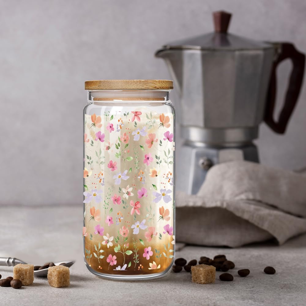 Wildflower Floral 16oz Glass Drinking Cup with Bamboo Lid Christian Gifts for Women Mother, Cute Flower Drinking Glass Gifts for Bestie Mother Birthday Bridesmaid Party - Image 3
