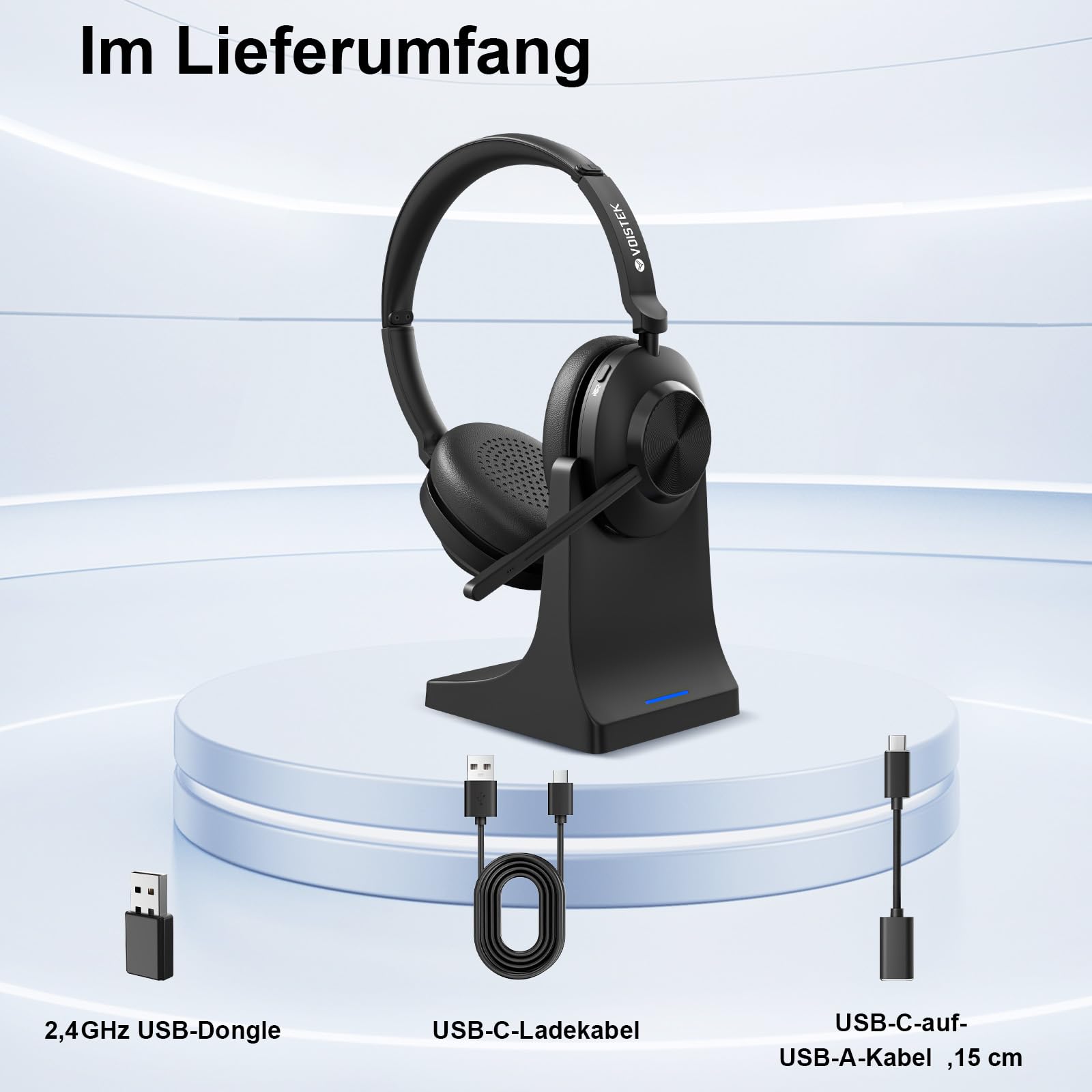 Voistek Kabelloses Headset, Bluetooth-Headset mit Mikrofon und Rauschunterdrückung,USB-Dongle für PC, Mikrofon-Stummschaltung & Ladestation für Computer/Handy/Meeting/Call Center/Büro
