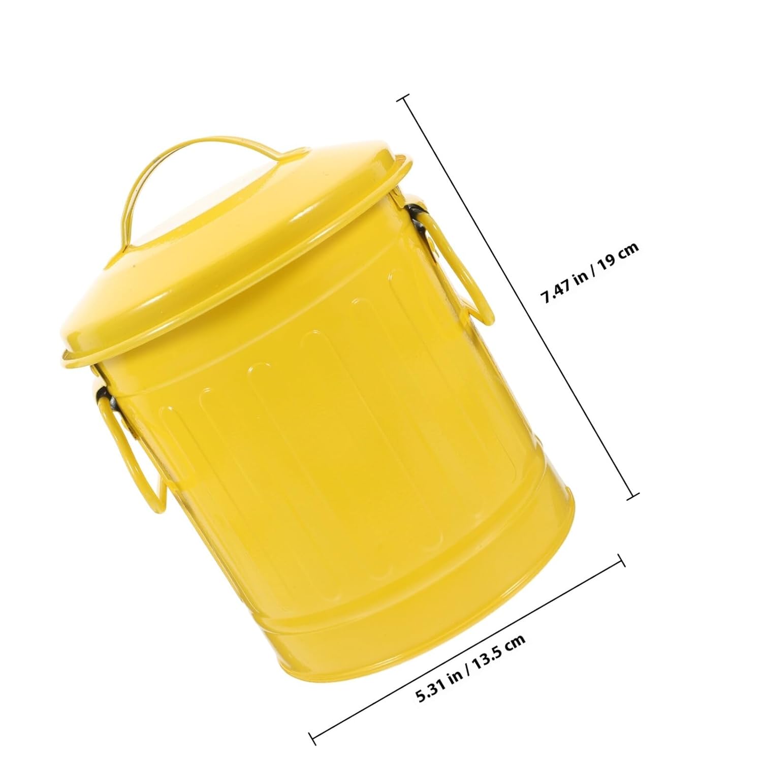 Vintage Iron Desktop Trash Can with Lid, Small Portable Pencil Bucket and Wastebasket for Office and Home Desk Organization, Yellow Cylindrical Metal Storage Container