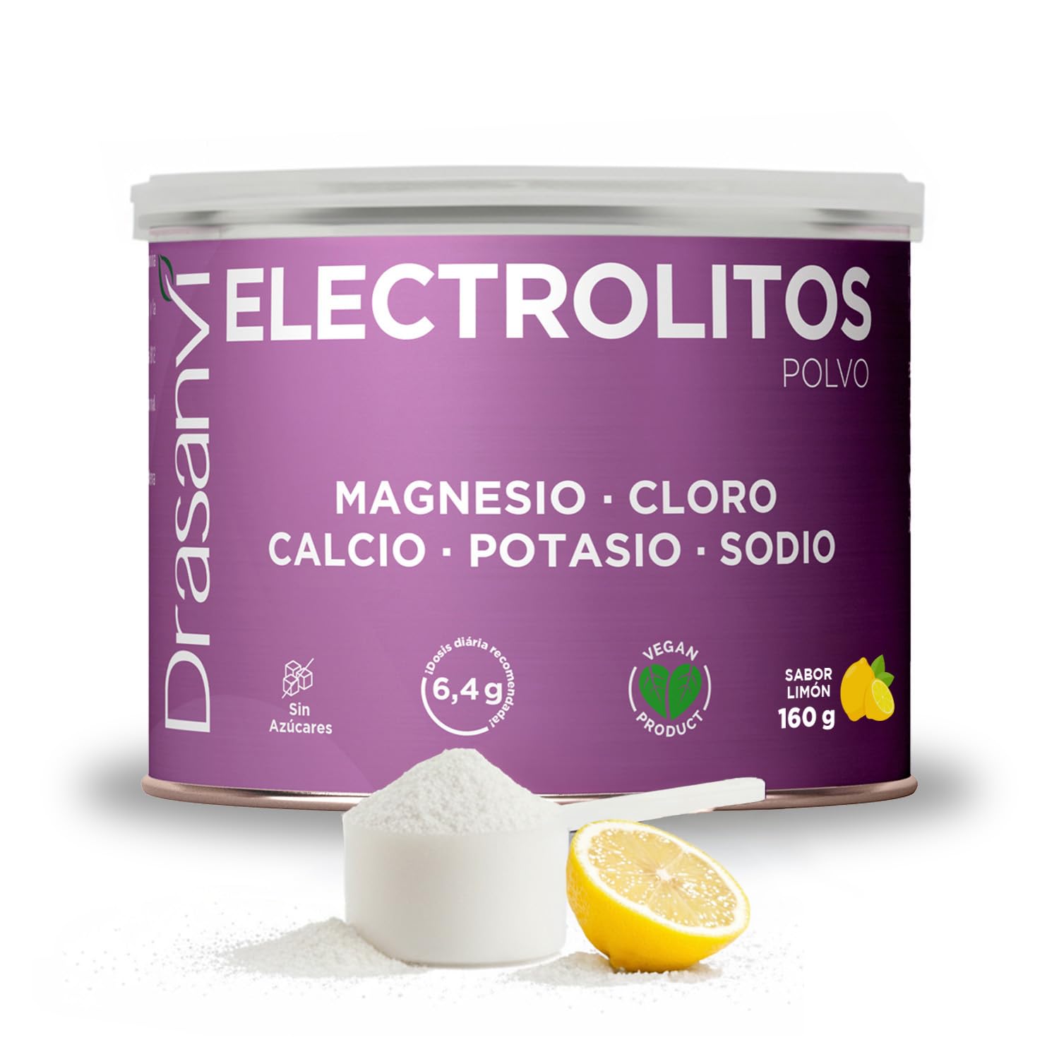 Electrolitos en Polvo Limón 160 g | Sales Minerales con Magnesio, Potasio, Calcio y Sodio + Vitaminas B y C | Hidratación y Función Muscular | Sin Azúcar, Vegano, Sabor Limón | Drasanvi
