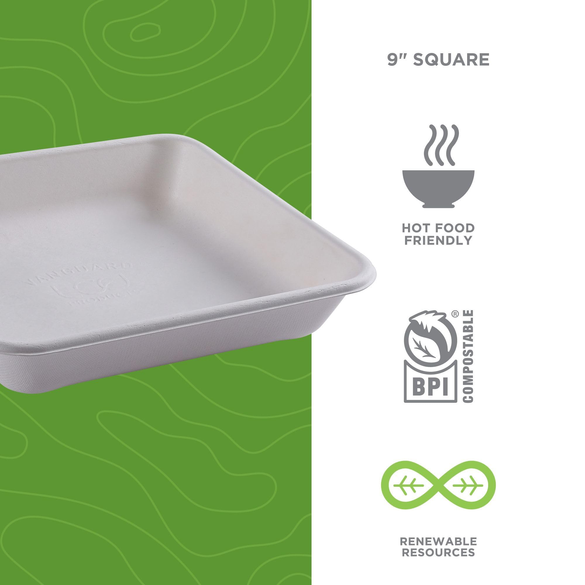 Eco-Products Vanguard WorldView - Contenedores compostables de comida para llevar de caña de azúcar, sin PFAS añadidos, 9 x 9 pulgadas, blanco, caja de 200