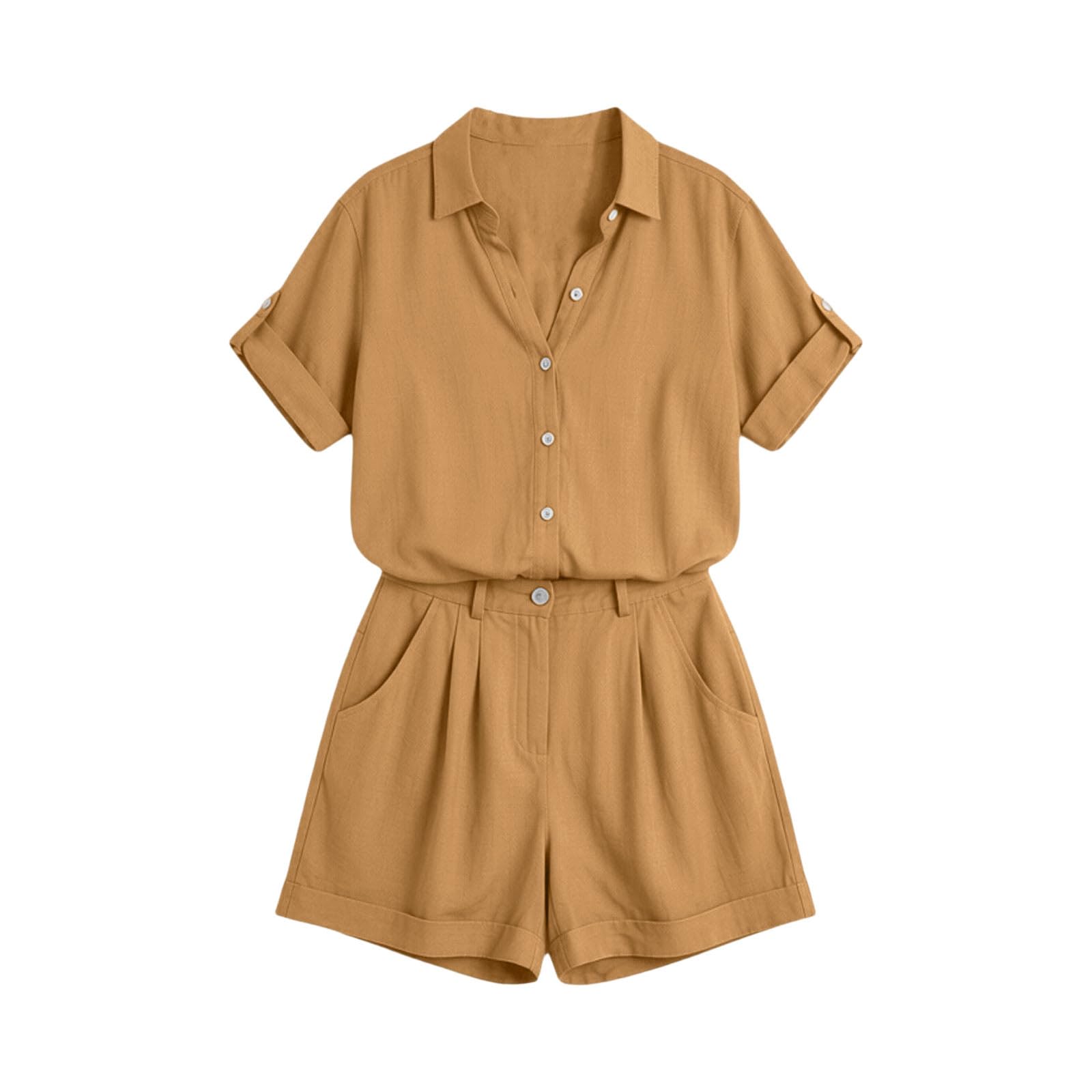 Ensemble Décontracté Deux Pièces En Coton Et Lin Pour Femme,Haut À Manches Courtes Avec Boutonné Et Short D'Été Léger Ensemble Femme Chic Et Elegant Costume 2 Pièces Tenue De Plage Casual