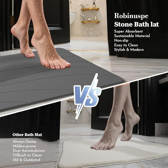 Stone Bath Mat, Quick Drying Bath Mat for Bathroom, Diatomaceous Earth Mat, Quick Dry Shower Mat, Fast Absorbent, Elegant Design, Easy to Clean - Grey 23.6×15.35
