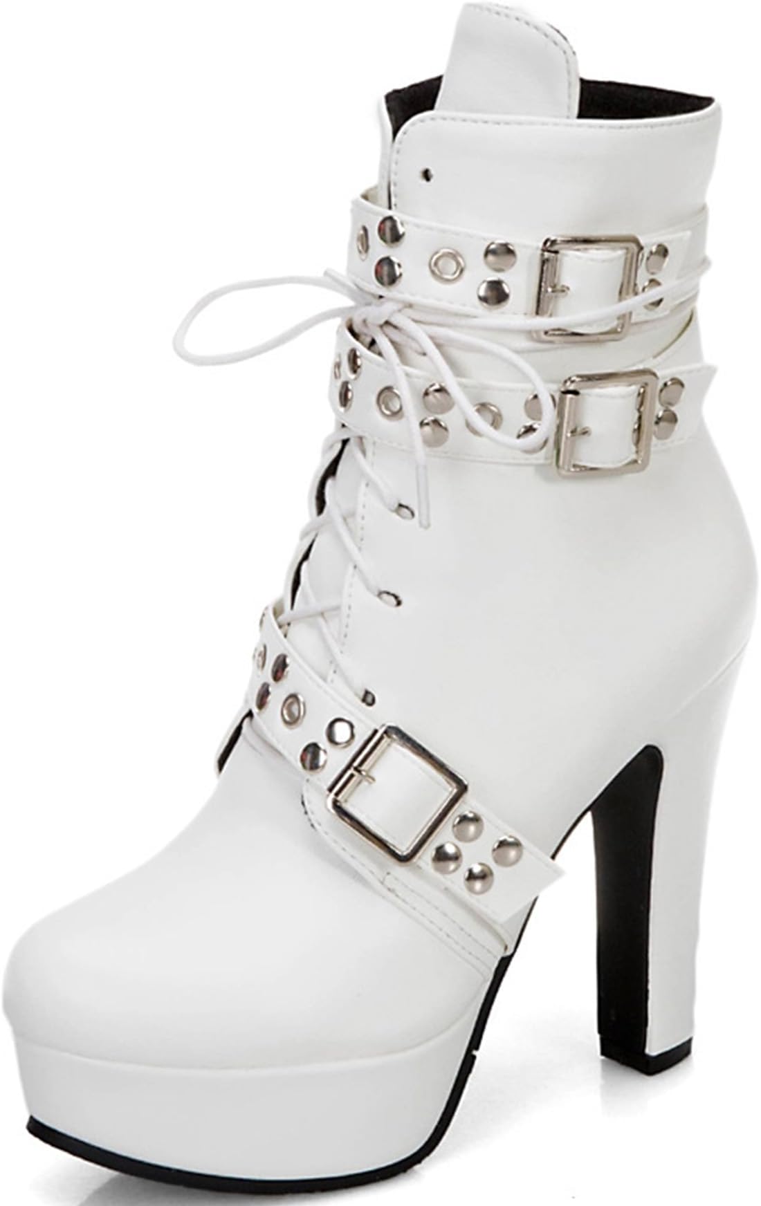 Women Studded Belt Buckle Chunky High Heel Ankle Boots Sexy Round Toe Lace-up Punk Combat Warm Platform Gothic Knight Mid Calf Booties