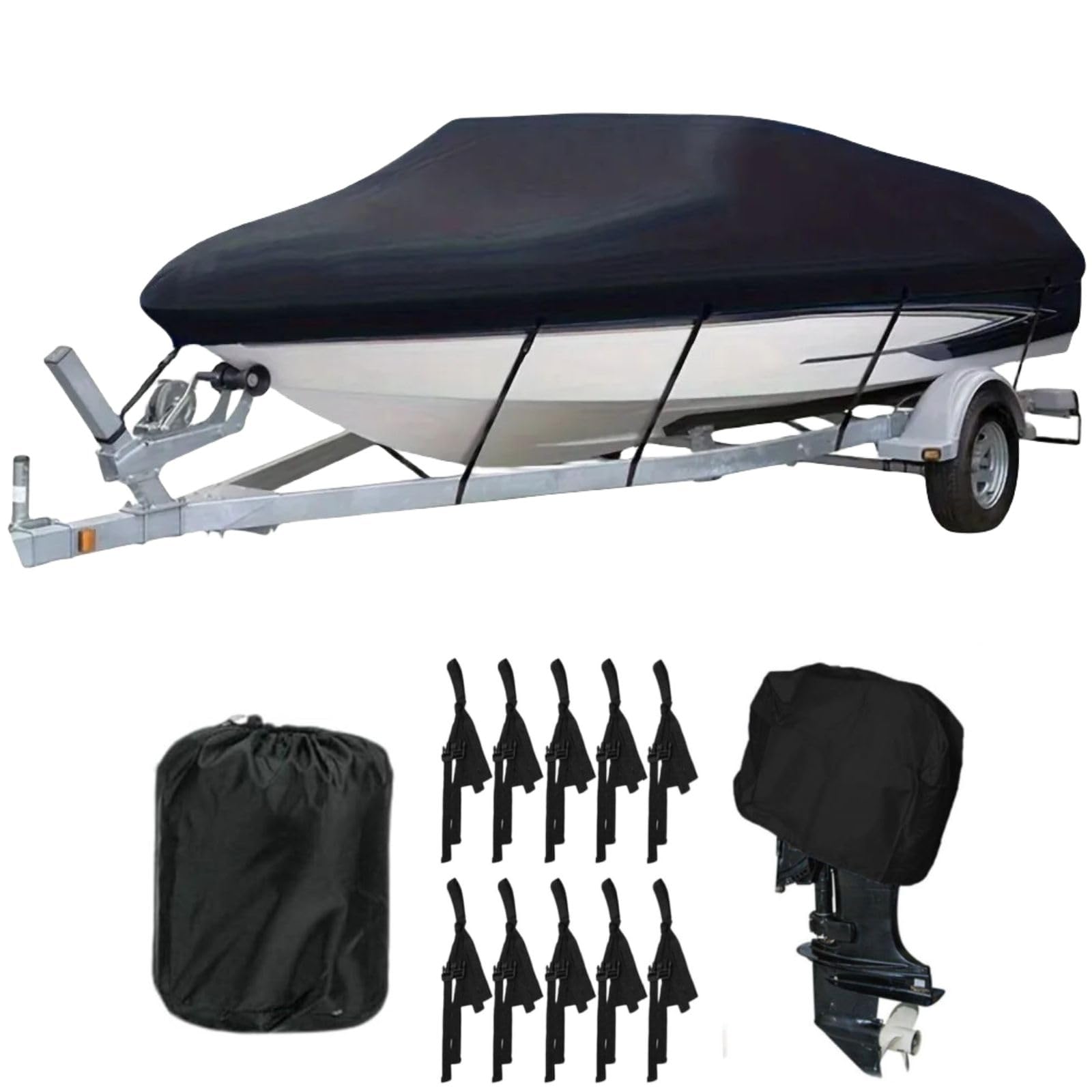 Bootspersenning mit Außenborder Abdeckung,600D Oxford Gewebe Wasserdicht Staub Schutz Bootsplane,Schwarz Bootsplane für Yacht Schnellboot Angelboot V-Rumpf (Schwarz, 17-19FT)