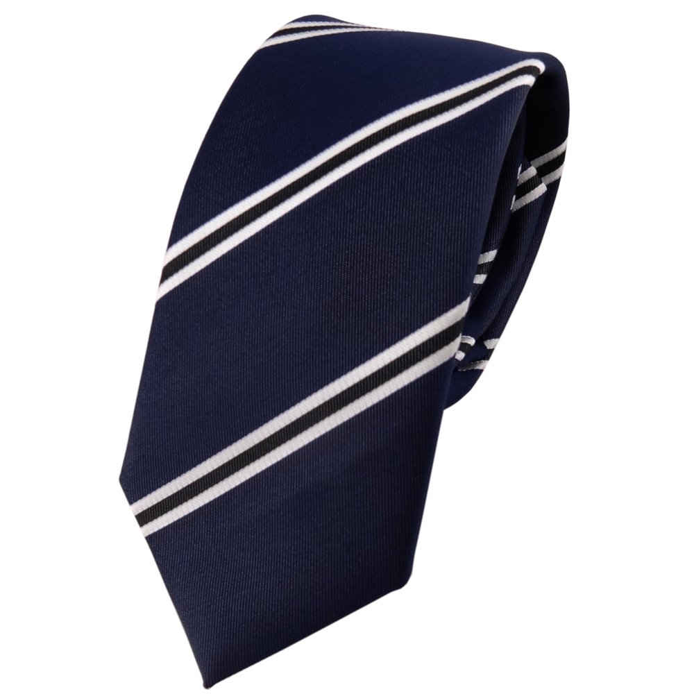 Tigertie Men's Blue, Dark Blue, Royal Black, White Narrow Tie Necktie In Blue Dark Blue Royal Black White Striped