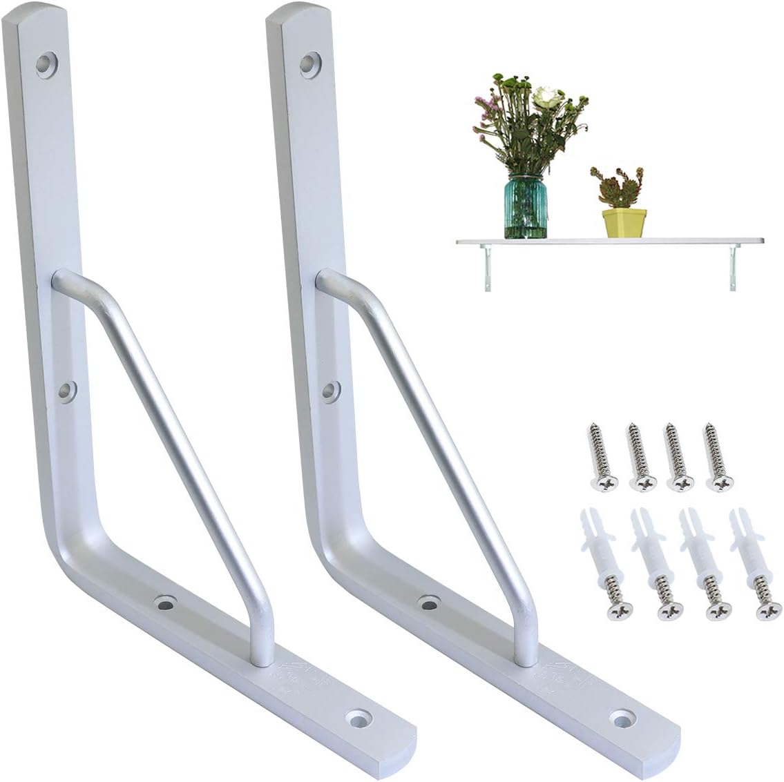 Boeray 2 Pack 10" Aluminum Alloy Shelf Bracket 90 Degree Angle Heavy Duty Max. Load 165 lb Wall Floating Shelves Tripod Triangle with 8pcs Mounting Bolt