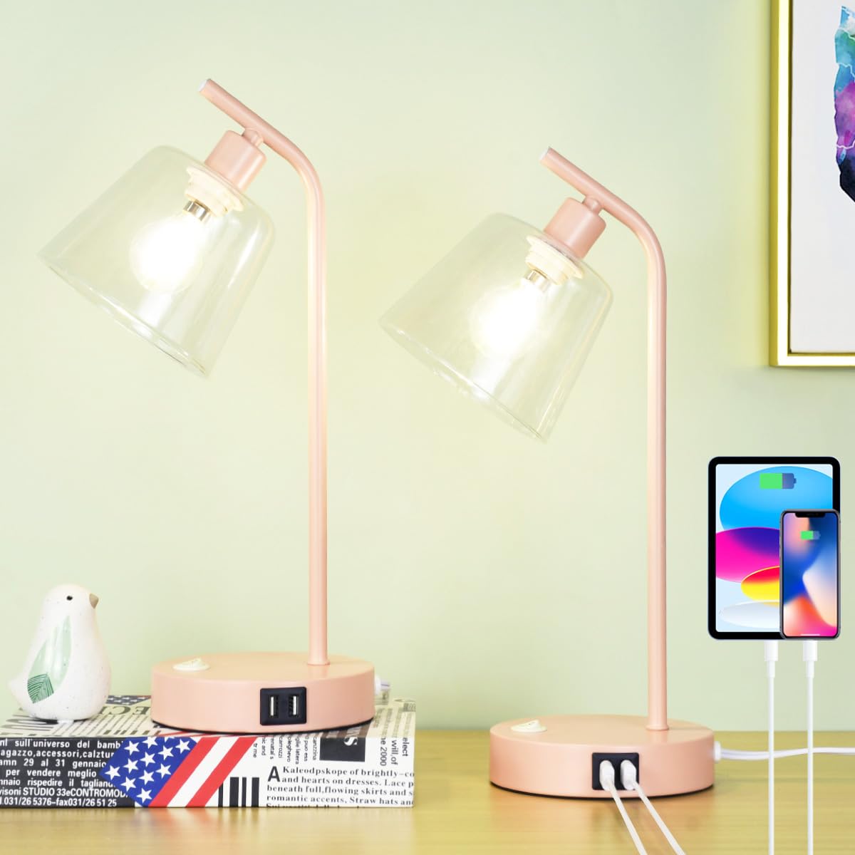 LAMPWELL LUCIA Industrial Table Lamp Set of 2, Pink Glass USB Table Lamp for Living Room, Bedside, Modern, Night, 8.27x5.51x15.75IN, Bulb Included