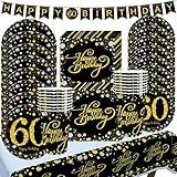 【Platos Desechables Elegantes】Con "60 Happy Birthday" impreso, todos los platos de papel, vasos, servilletas y guirnalda están combinados en negro y dorado. El diseño elegante y único profundizará en el recuerdo de sus invitados, haciendo que este cumpleaños sea más significativo. No es necesario lavarlas, puede pasar más tiempo con la familia, los amigos y los niños y menos tiempo para limpiar después de la fiesta.