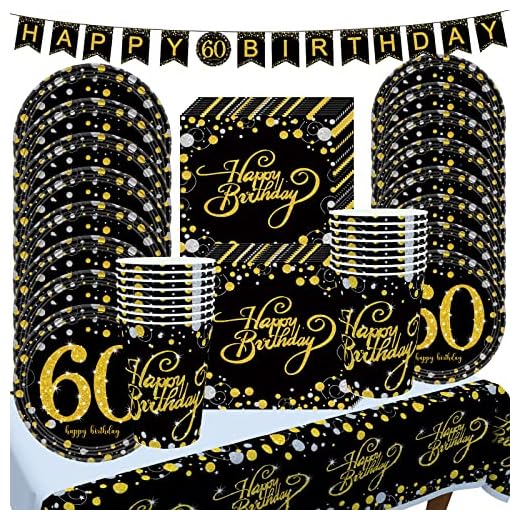 60 Años Cumpleaños Vajilla Platos para Hombres Mujeres, Juego Platos Elegantes Oro Negro con Vasos, Servilletas, Mantel y Guirnalda para Cumpleaños Fiesta 60 años Aniversarios, Boda Decoración