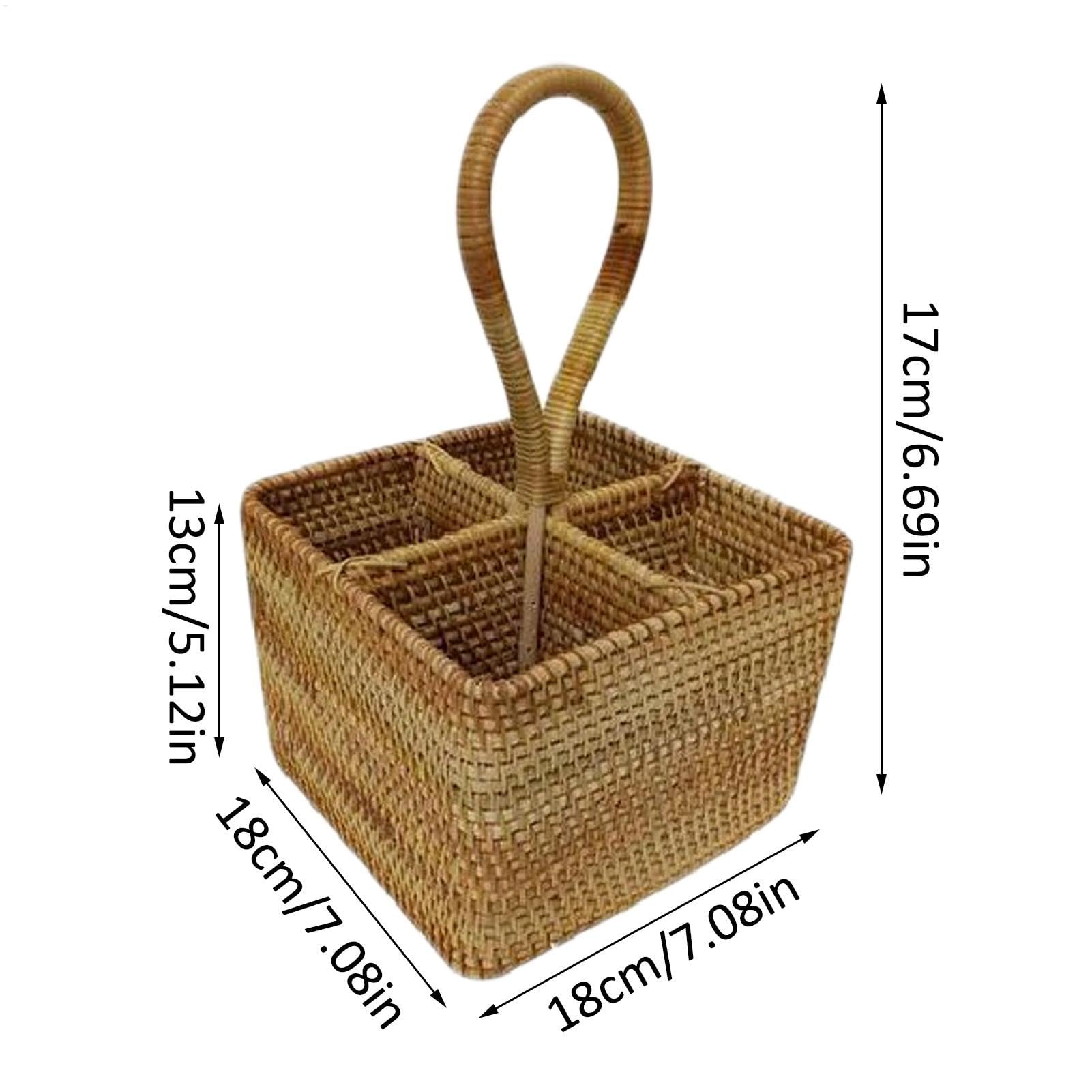 Cestino in vimini – Cesto portaoggetti in vimini naturale, intrecciato a mano, cestino da picnic 17,8 x 17,8 cm, manico lungo, 4 scomparti, cestino in rattan per picnic, bottiglie, posate, utensili da
