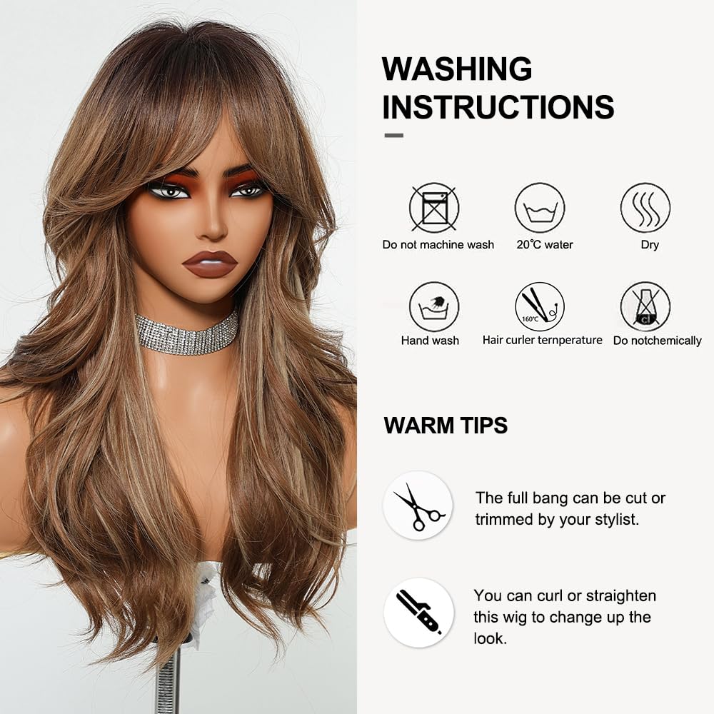 Longue Perruque mixte Brune avec Franges Perruques Ondulées Naturelles pour Femmes Cheveux Synthétiques Naturels Perruques Résistantes à La Chaleur pour La Fête Quotidienne Cosplay Wear
