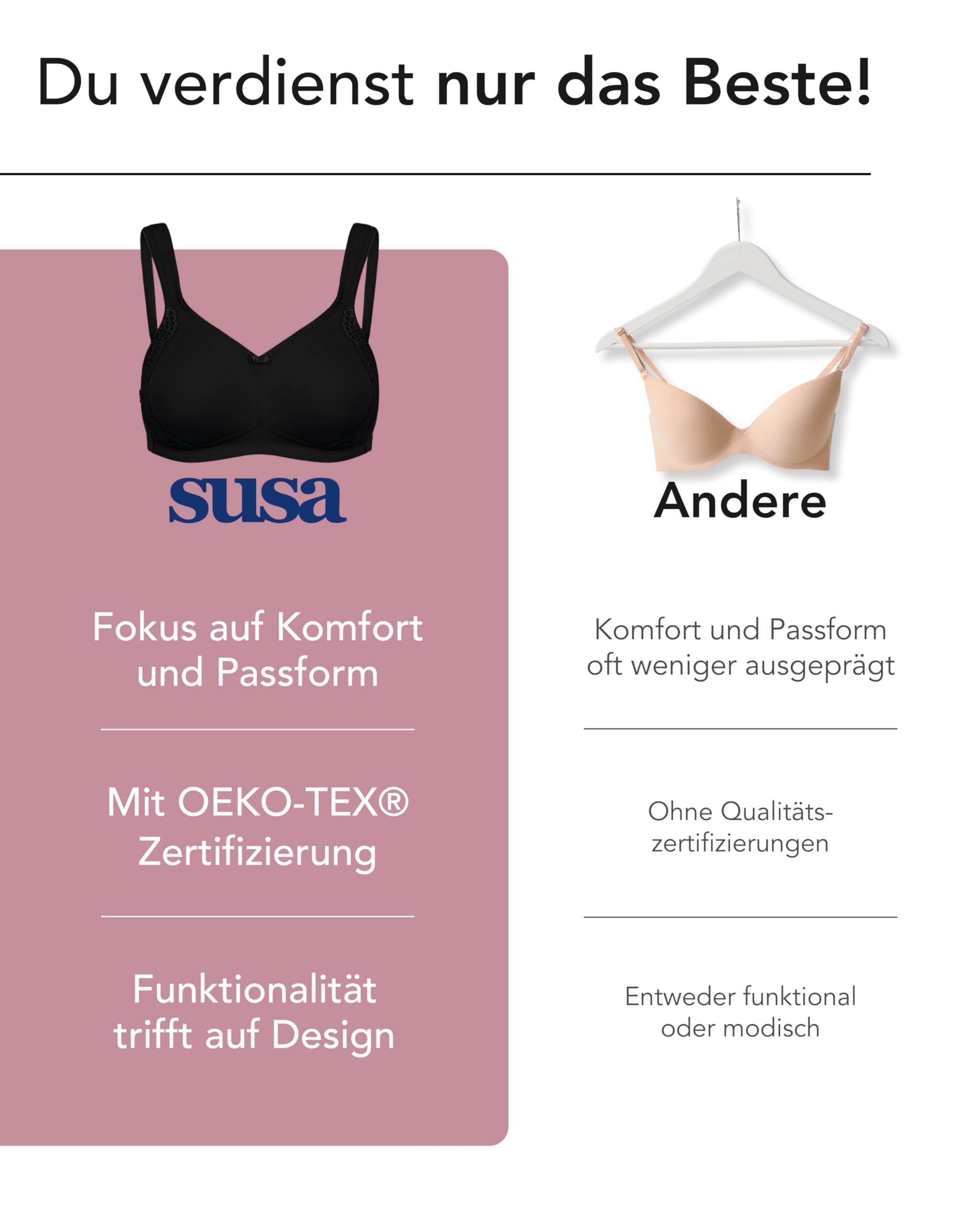 SUSA Minimizer BH Damen ohne Bügel I London I Damen-BHS mit Minimizer Schnittform, verkleinert die Brüste optisch I Gemoldete Cups, breite Träger