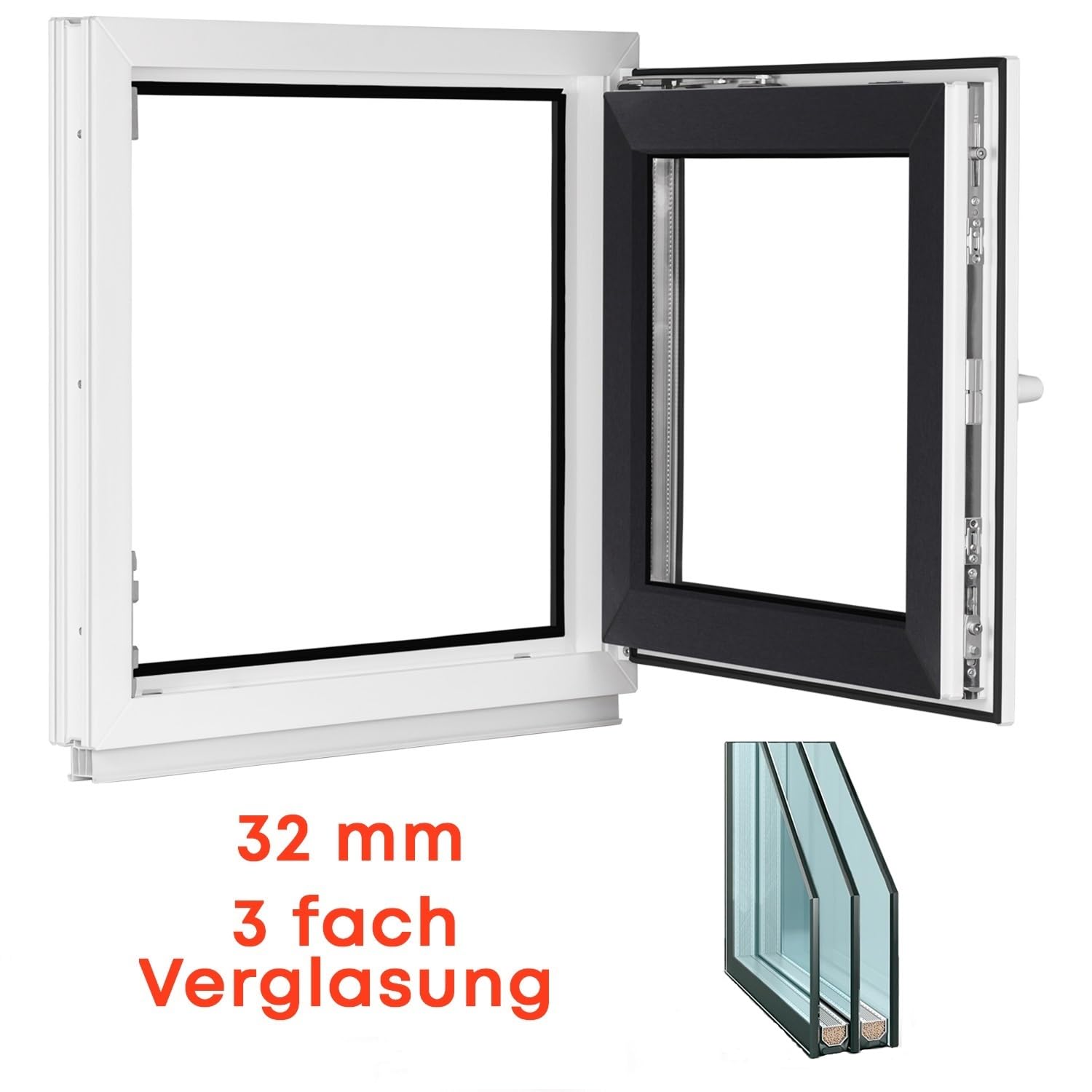 Komforta Finestre bianco/antracite – tutte le dimensioni (larghezza x altezza) 400 x 1000 mm – finestre del garage/giardino finestra in PVC (larghezza x altezza) 40 x 100 cm 3 vetri DIN rotazione