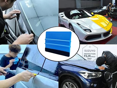 Miniatura 5 de Rascador de vinilo de plástico azul de 4 pulgadas con borde de fieltro negro, herramienta aplicadora de calcomanías para tinte de ventana, papel