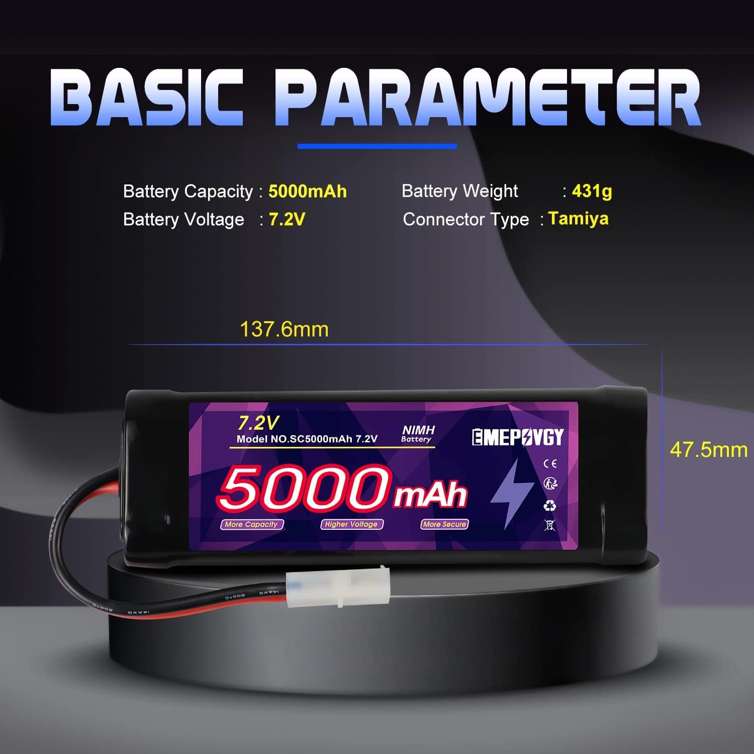 Batteria ricaricabile da 7,2 V RC NiMH, capacità 5000 mAh, batteria piatta a 6 celle con spina TMY (2 confezioni)