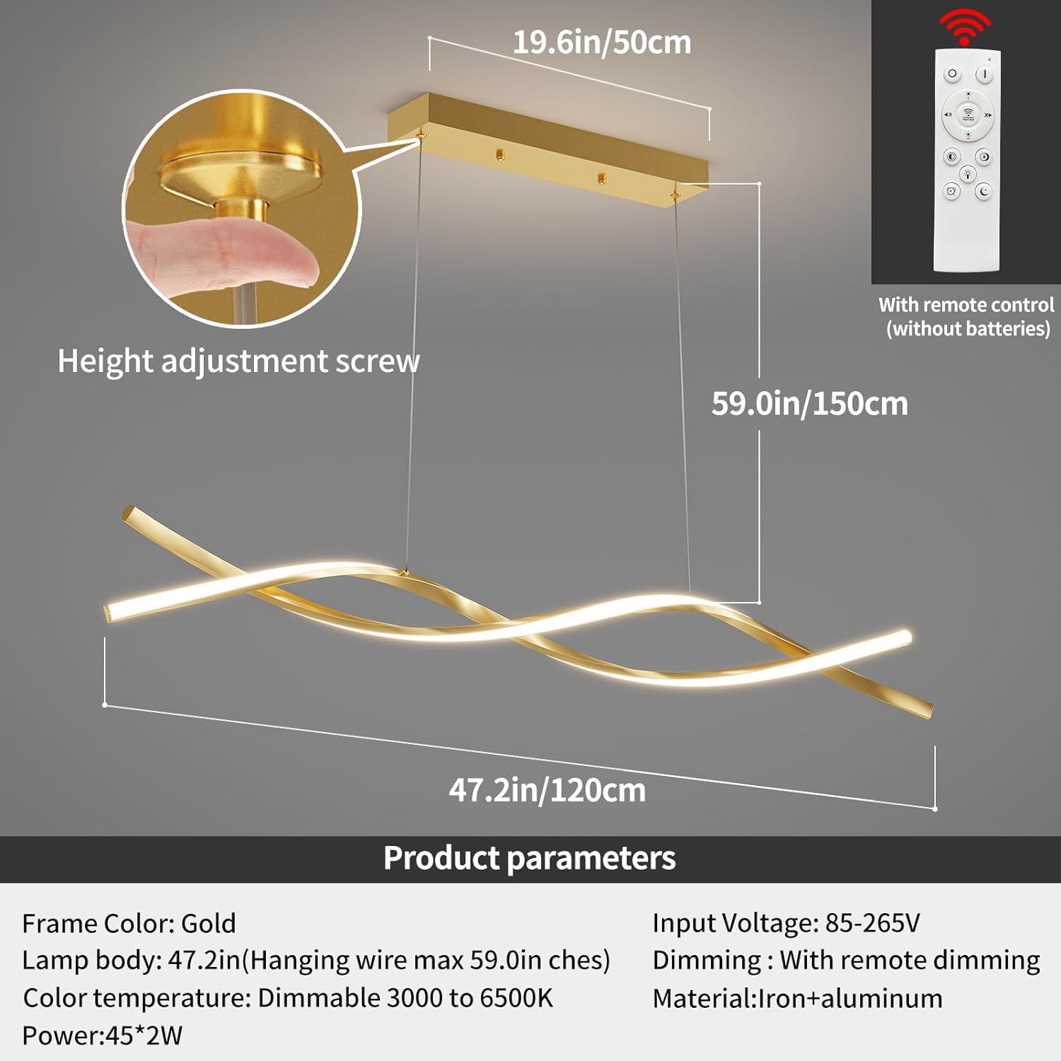 Mikeru Plafonnier LED pour salle à manger, 36W 100cm, Luminaires modernes pour îlot de cuisine, Suspension linéaire à intensité variable avec télécommande, Hauteur réglable de 150cm, Réglage de la