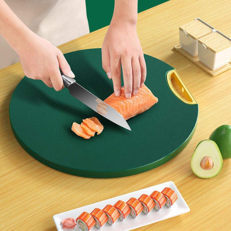 Image of Round Cutting Board with Handle | Dual-Sided Non-Slip Chopping Board | Durable Green Kitchen Cutting Board for Fruits, Vegetables, Meat & Bread