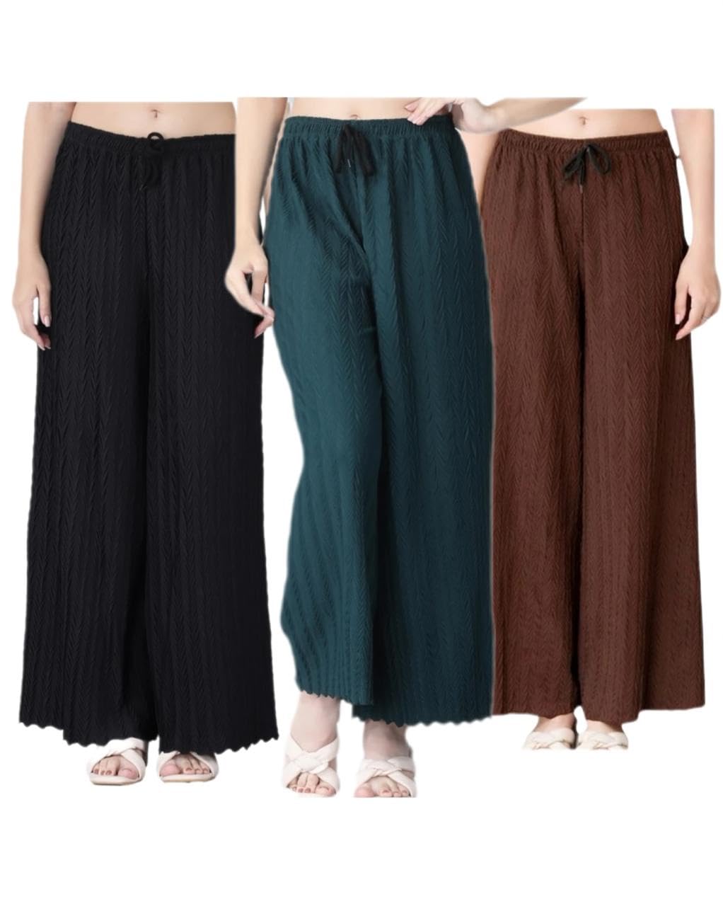 Women Pleated Palazzo Pants Pack of 3 Black, Green, Brown-image-43