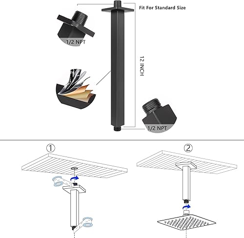 Miniatura 4 de NearMoon - Cabezal de ducha de lluvia con brazo de ducha, cabezal de ducha cuadrado para montaje en techo, cabezal de ducha de techo de acero