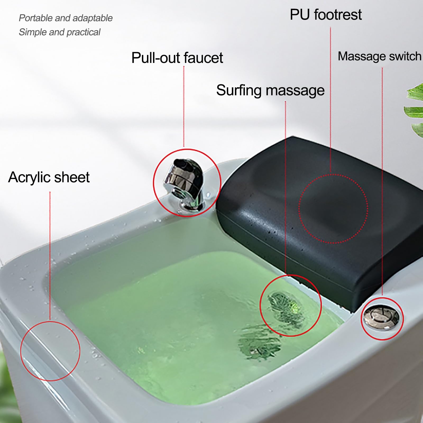 Kąpiel stóp spa akrylowy masaż stóp pedicure moczenie stóp do domu pedicure spa z kolorową lampą i dyszami, używana w salonach piękności i salonach paznokci (biała)