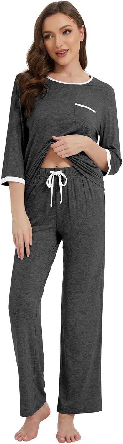 WiWi Womens Pajamas Viscose from Bamboo Super Soft Pajama Set 3/4 Sleeve Sleepwear Cooling Pjs with Pockets S-XXL - Image 4