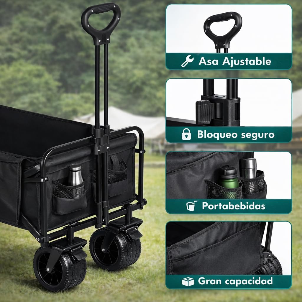 Carro de Mano Plegable con Ruedas Grandes Todoterreno | Carrito Multiusos Ideal Playa, Compra, Jardín o Camping | Carga hasta 150kg | Asa Ajustable | Auxiliar | Transporte de Herramientas o Juguetes — view 9