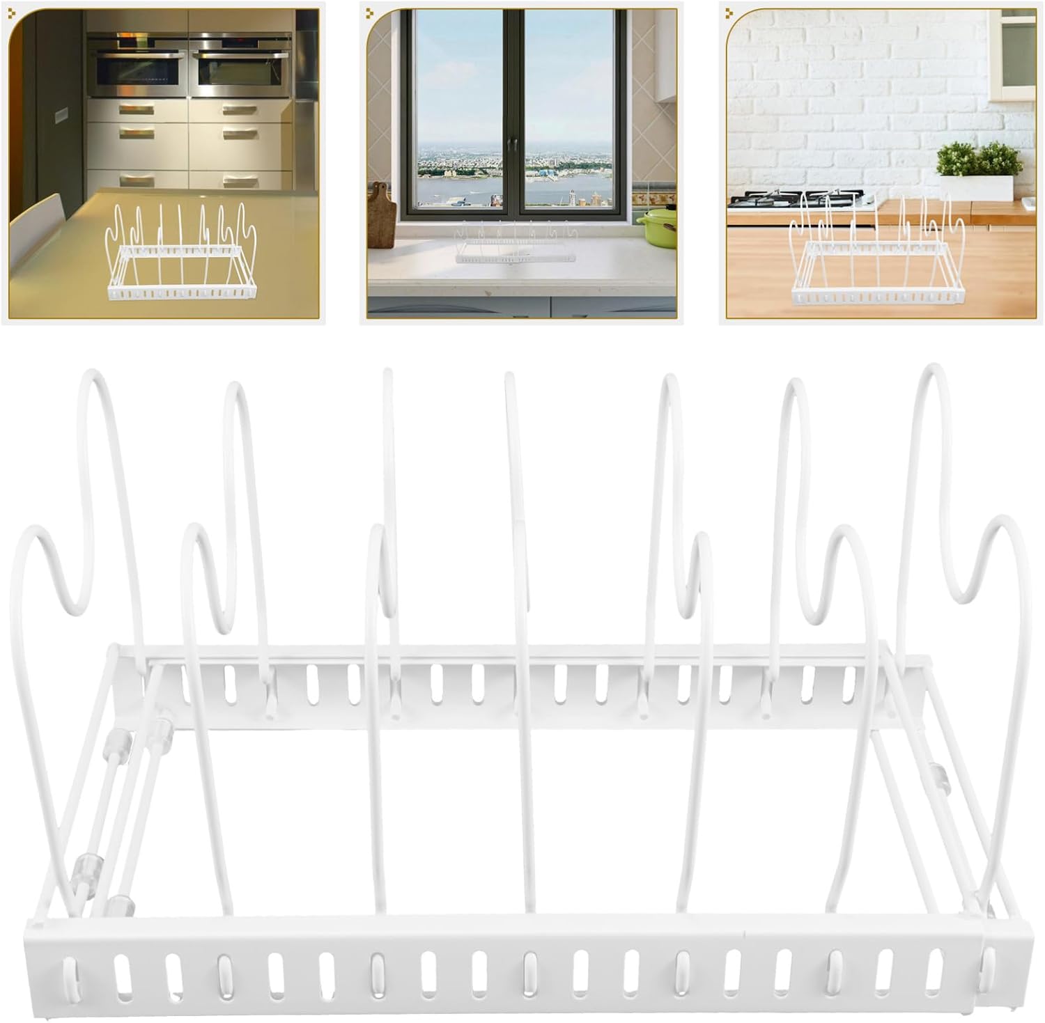 Cabilock Adjustable Pot and Pan Organizer Rack Expandable Lid Holder with Dividers for Kitchen Cabinet Storage Bakeware and Cutting Board Organizer White