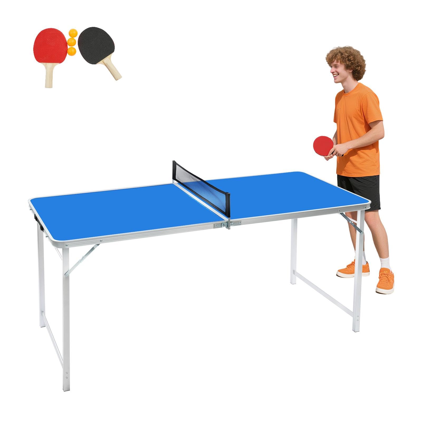 Foldable Full-Size Ping Pong Table with Net and Bats, Aluminium Alloy Portable Design for Indoor/Outdoor Family Games