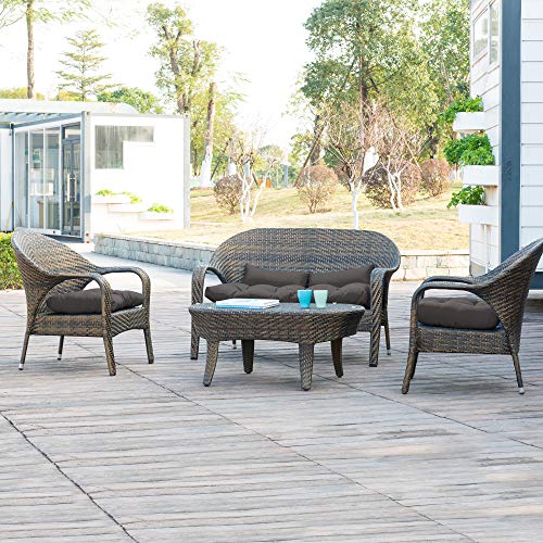 Image of QILLOWAY Outdoor Wicker Cushion Set of 5 - Waterproof Fade Resistant Patio Furniture Cushions, Loveseat 2 U-Shape 2 Lumbar Pillows for Porch, Bench, Backyard, Garden, Dark Grey