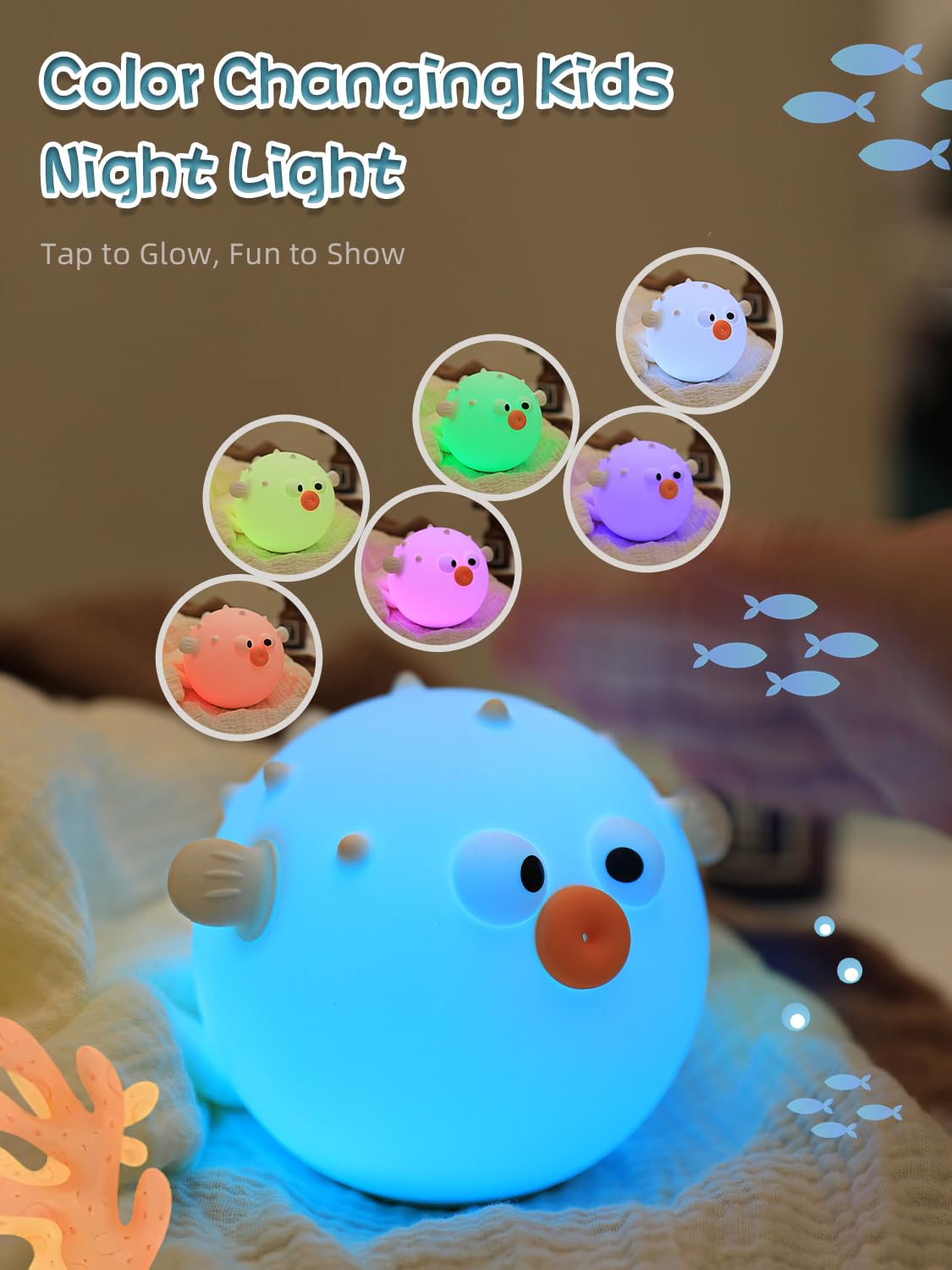 Wrischan Night Light for Kids Cute Pufferfish Silicone Night Lights - Image 3
