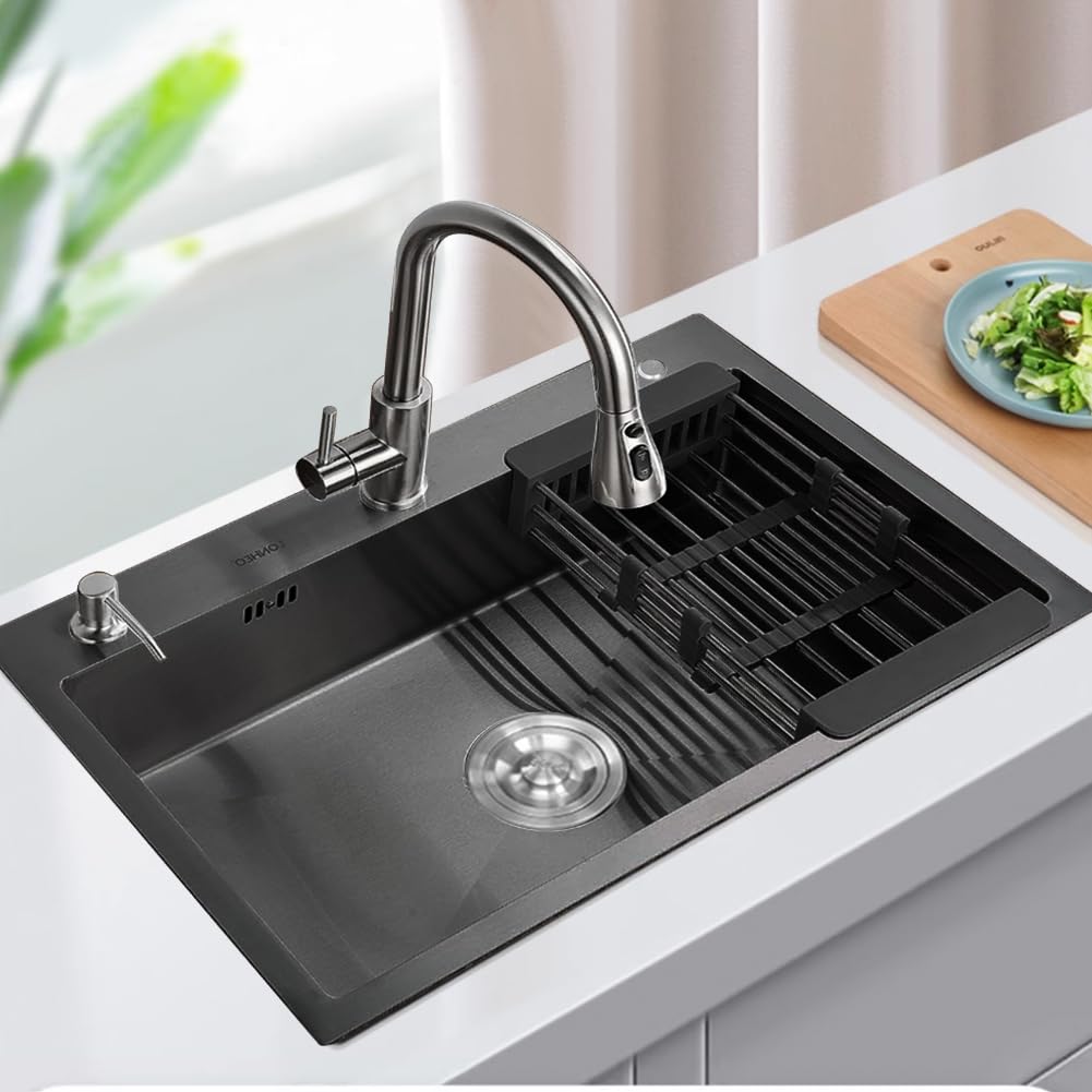 Fregadero de cocina 304 Acero Inoxidable, Fregadero Cocina un Seno Fregadero con Dispensador de Jabón (Negro, 40 * 50cm)