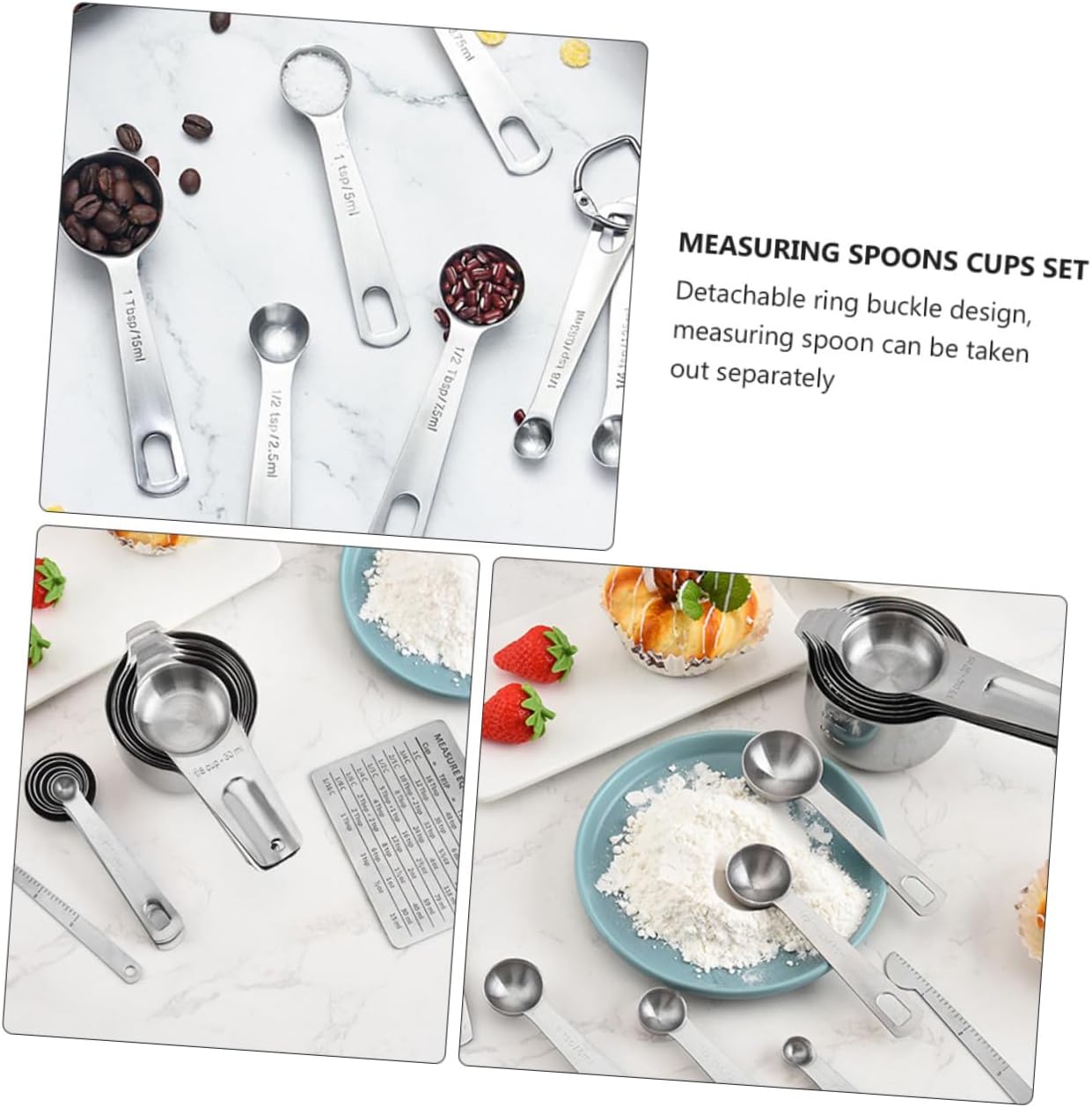 Unomor 15Pcs Stainless Steel Measuring Cups and Spoons Set Multi Purpose Baking Tools for Easy Measurement of Tea Grain Flour and Rice Comfortable Polished Design for Kitchen Use