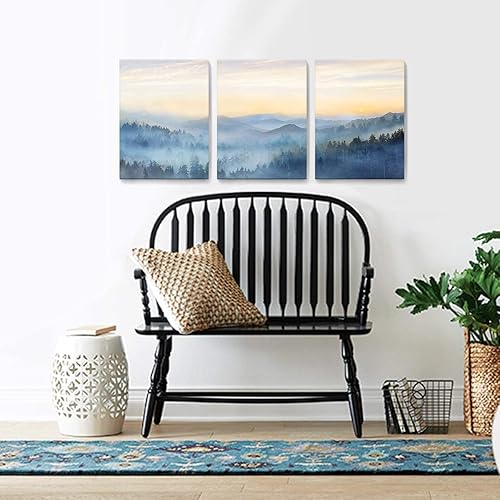 Miniatura 3 de Decoración de pared para dormitorio, 3 paneles, estampado de bosque brumoso con salida del sol, arte de pared para sala de estar, baño, lienzo
