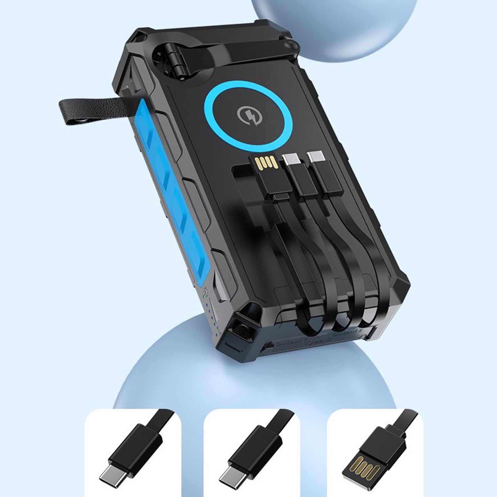 Power Bank portatile a energia solare con manovella, ricarica rapida da 20000 mAh, uscita a 6 dispositivi, impermeabile IPX66, adatta per campeggio, zaino in spalla, uso