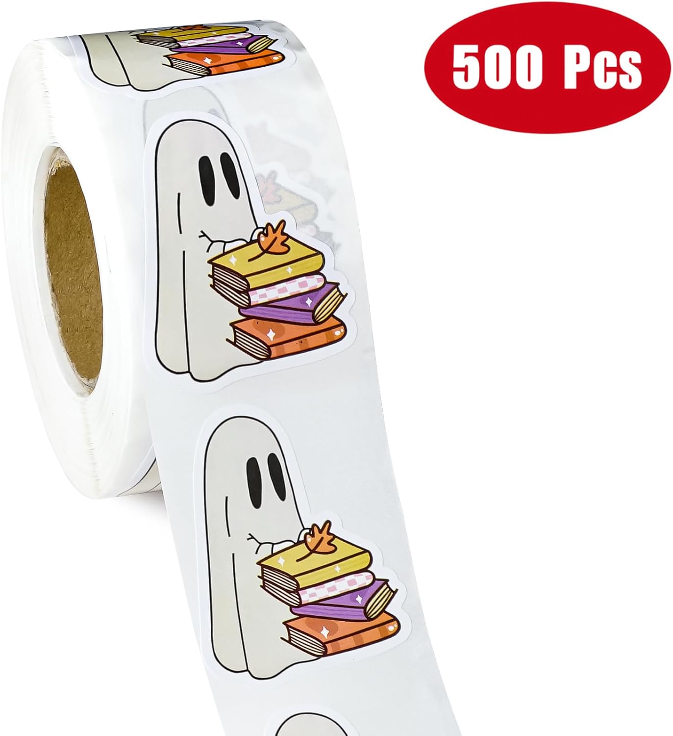 WRAPAHOLIC 2 x 1.6 Inch, 500 Total Halloween Ghost Stickers Roll - Adorable Ghost Books Design, Perfect for Gift Wrap & Shipping, Halloween, Kids Treat Bags, Outdoor Use