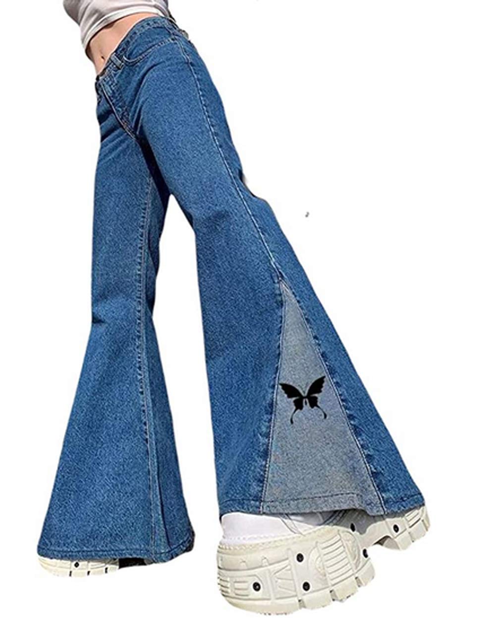 Las mujeres Vintage Jeans De Cintura Alta Denim Rectos Pantalones Niñas Y2K Patchwork Baggy Suelto Slim Elástica Larga Campana Jeans