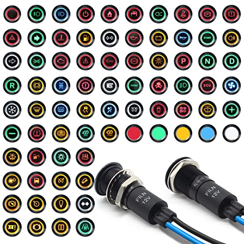 FILN 2pcs 12mm voyant led pilote dash lights métal noir signal lampe pour voiture 12v étanche ip67 rouge vert jaune bule blanc avec symboles(Plaqué noir-bleu2pcs) Cover