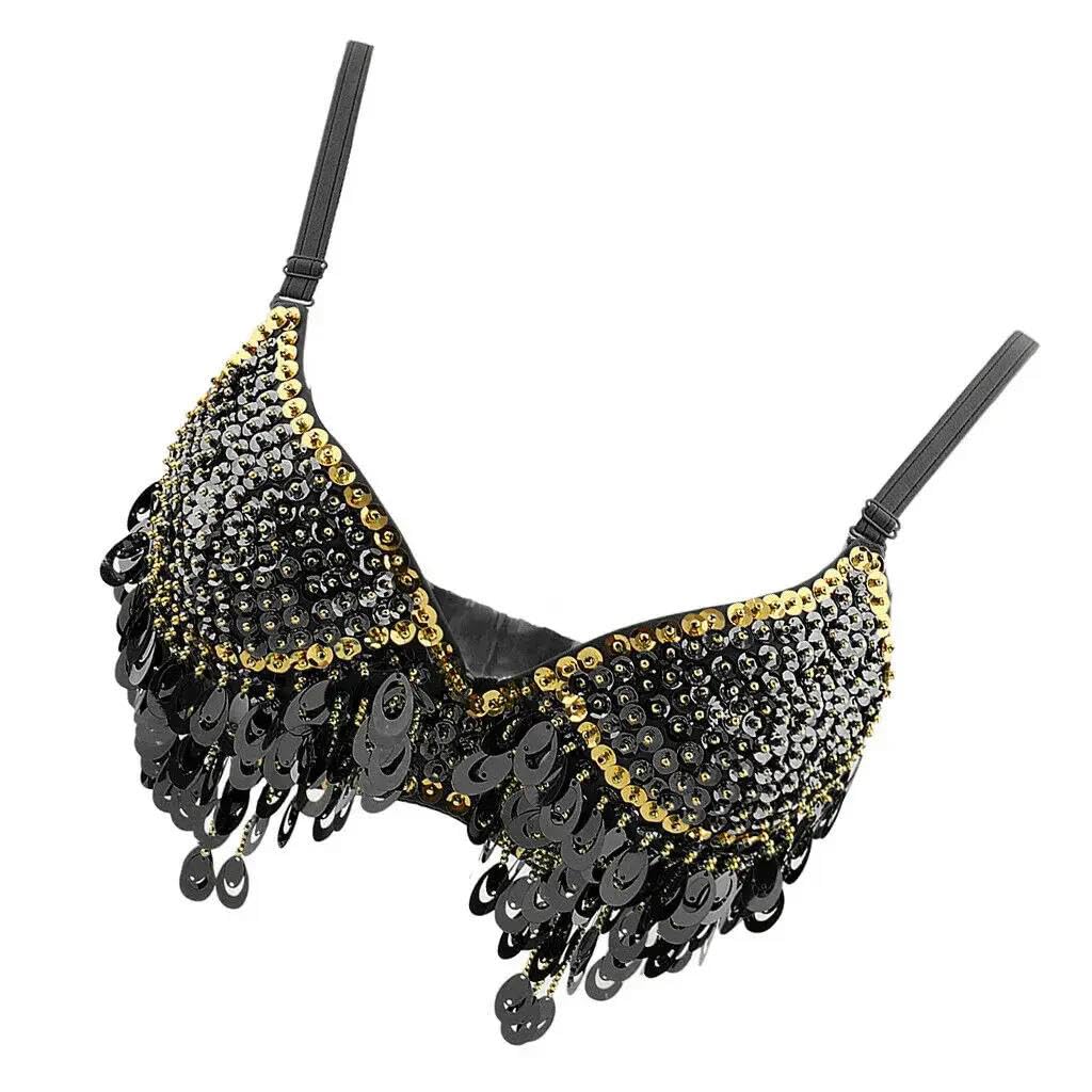 Top da donna con paillettes e perline, top corto con nappe scintillanti, per rave, festival, danza del ventre