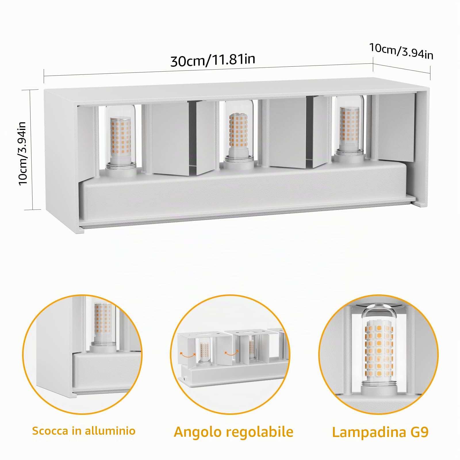 Klighten Applique da Parete per Interni/Esterni Bianco Caldo 3000K G9 Sorgente Luminosa Sostituibile, 27W Lampada da Parete Angolo del Fascio Regolabile Aplique IP54 Impermeabil (Bianco)