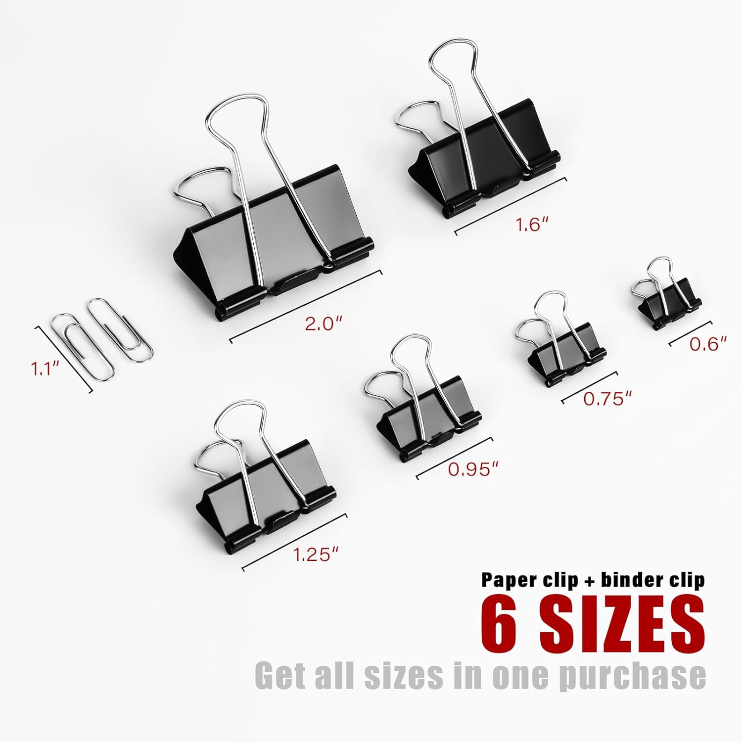 Binder Clips & Paper Clips Combo, 208 PCS Binder Clips (6 Sizes) + 200 PCS Paper Clips – Black for Office, Home & School Supplie (Black)
