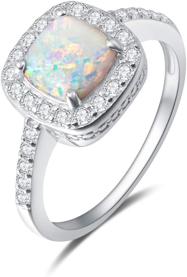 Created Opal Ring 925 Sterling Silver October Birthstone Cubic Zirconia CZ Halo Engagement Wedding Ring Fine Jewelry Gift for Women, All Size