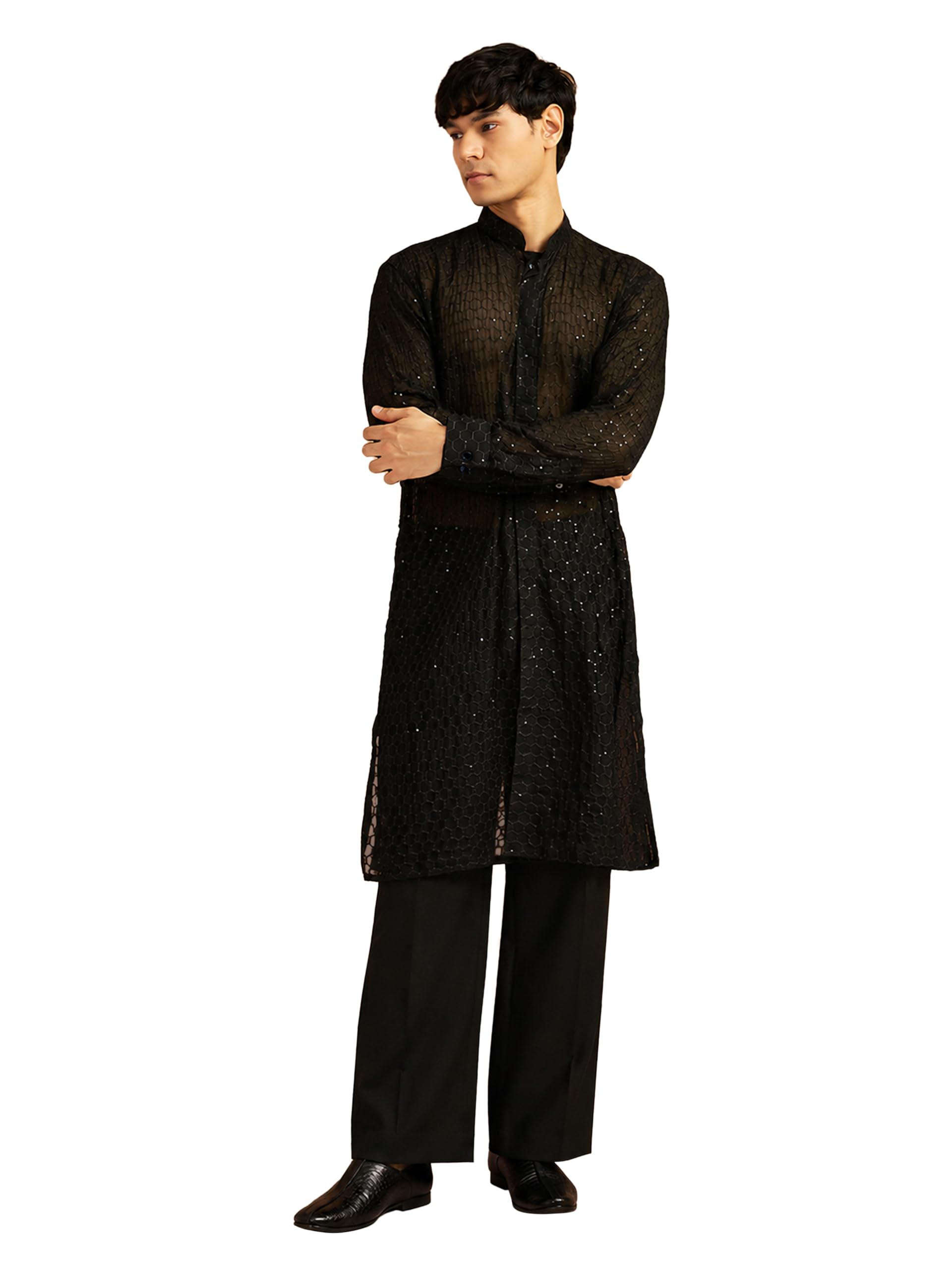 Men Sequin Embroidered Silk Kurta with Black Wide-Leg Pant Set | Wedding & Festive Outfit-image-39