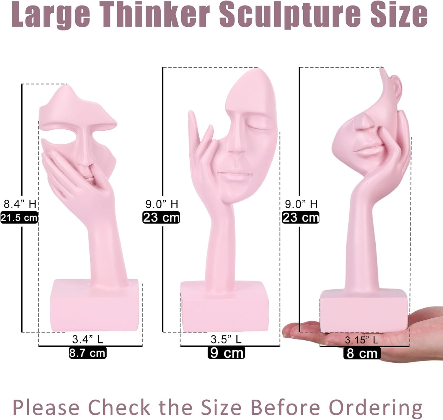 3 Pcs Thinker Large Statue Set - Pink Art Abstract Home Accent Figurines for Living Room, Bedroom, Shelves, Office Desktop, Coffee Table Decor, Gift for Women (3 Pcs Pink, 9")