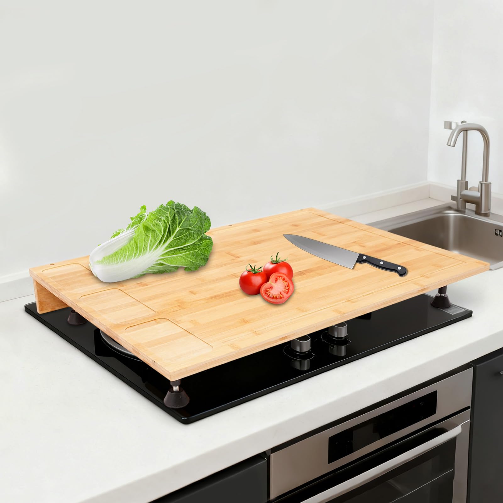 Tabla de cortar de bambú, 75 x 54 x 10 cm, encimera de cocina con ranuras de doble función y pies extraíbles, cubierta rectangular como tabla de cortar